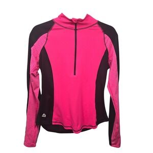 RBX Womens Quarter Zip Long Sleeve Athletic Top Pink Black Striped Size L